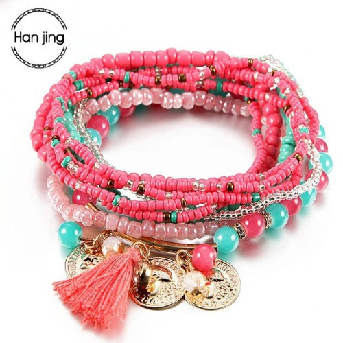 Multi-Layer Colorful Seed Bead Elastic Wrist Wraps with Tassels 18cm