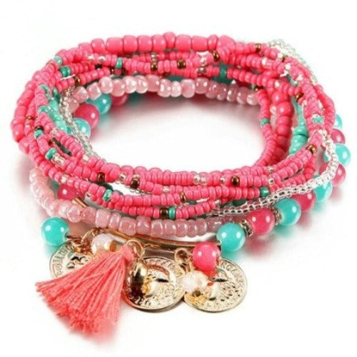 Multi-Layer Colorful Seed Bead Elastic Wrist Wraps with Tassels 18cm