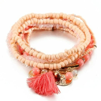 Multi-Layer Colorful Seed Bead Elastic Wrist Wraps with Tassels 18cm