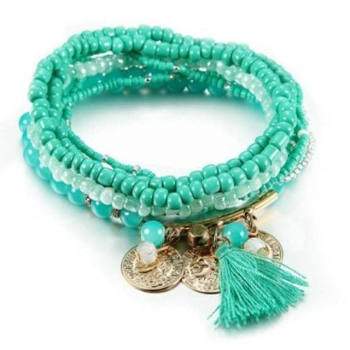 Multi-Layer Colorful Seed Bead Elastic Wrist Wraps with Tassels 18cm