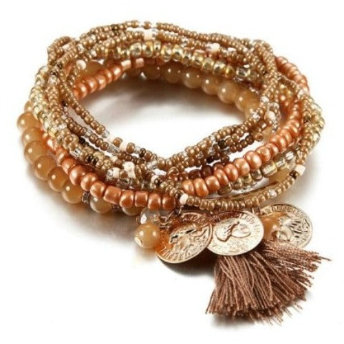 Multi-Layer Colorful Seed Bead Elastic Wrist Wraps with Tassels 18cm