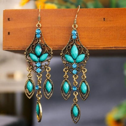 Indian Alloy Carved Flower Rhinestones Long Dangle Earrings