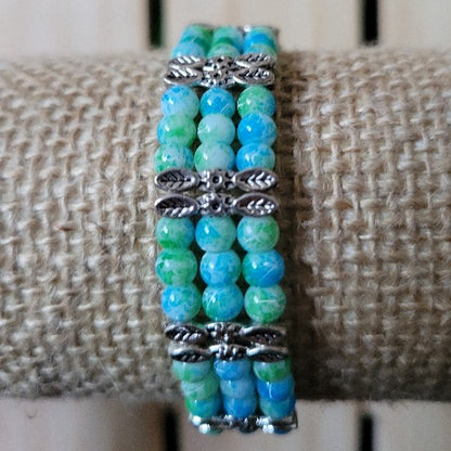 Turquoise, Mauve, Clear, Silver Seed Beads Elastic Wrist Wrap with Dividers