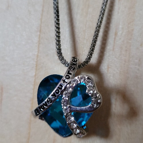 Silver & Turquoise Dark, Blue I Love You Forever Crystal Heart Necklaces Small & Medium